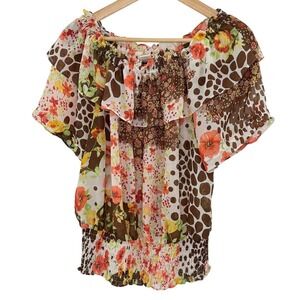Allison Taylor Floral Animal Print Smocked Off Shoulder Blouse XL Multicolor
